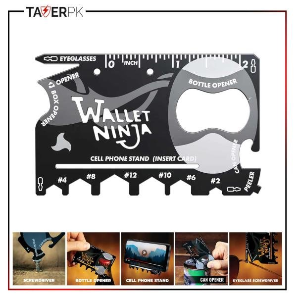 Wallet Ninja Multitool Card – 18 in 1 Credit Card Multi-Tool (Bottle Opener, Can Opener, Screwdrivers, Phone Stand & More) – Black