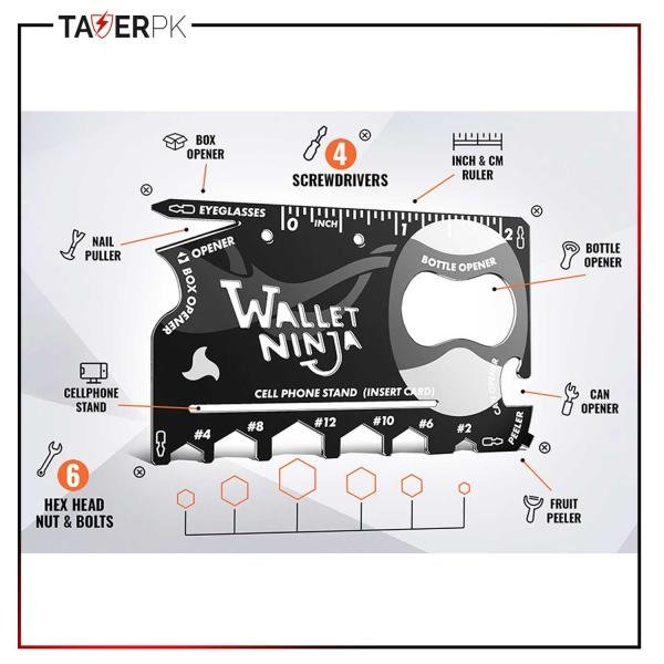 Wallet Ninja Multitool Card – 18 in 1 Credit Card Multi-Tool (Bottle Opener, Can Opener, Screwdrivers, Phone Stand & More) – Black